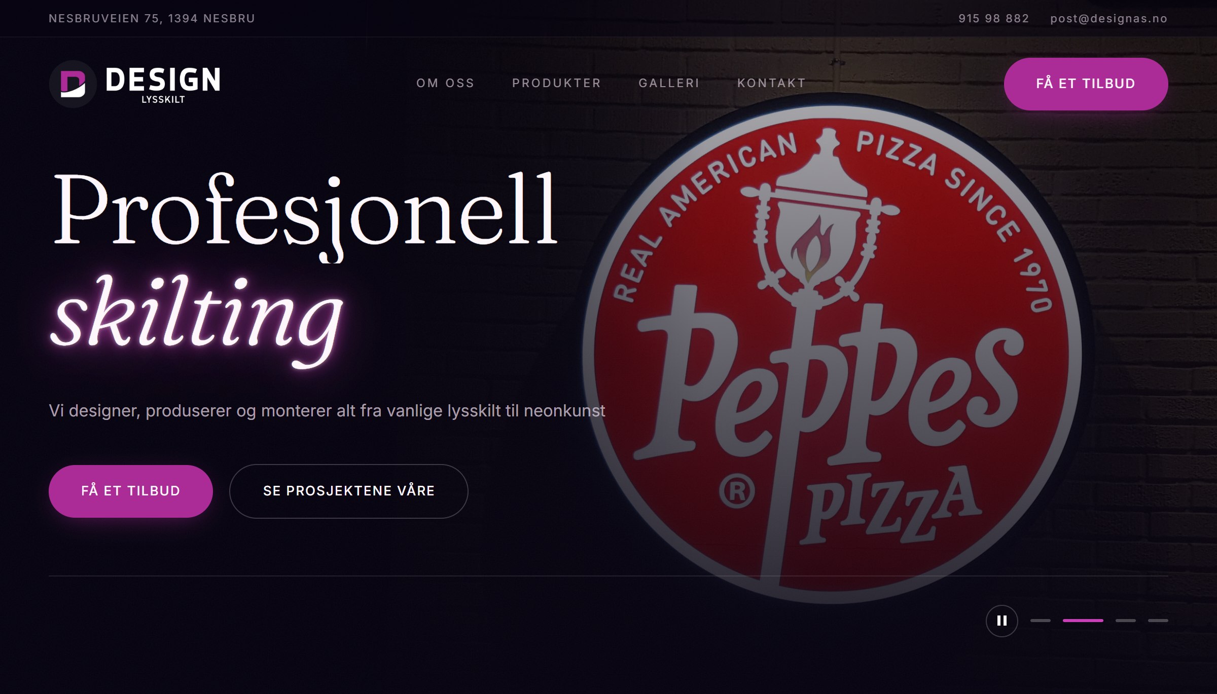 Skjermbilde av forsiden til designas.no, med overskriften «Profesjonell skilting»